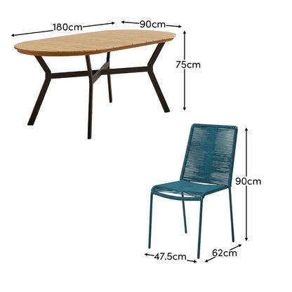 Ezra 6 Seater Oval Wooden Garden Dining Set with Ryder Teal Chairs - Laura James