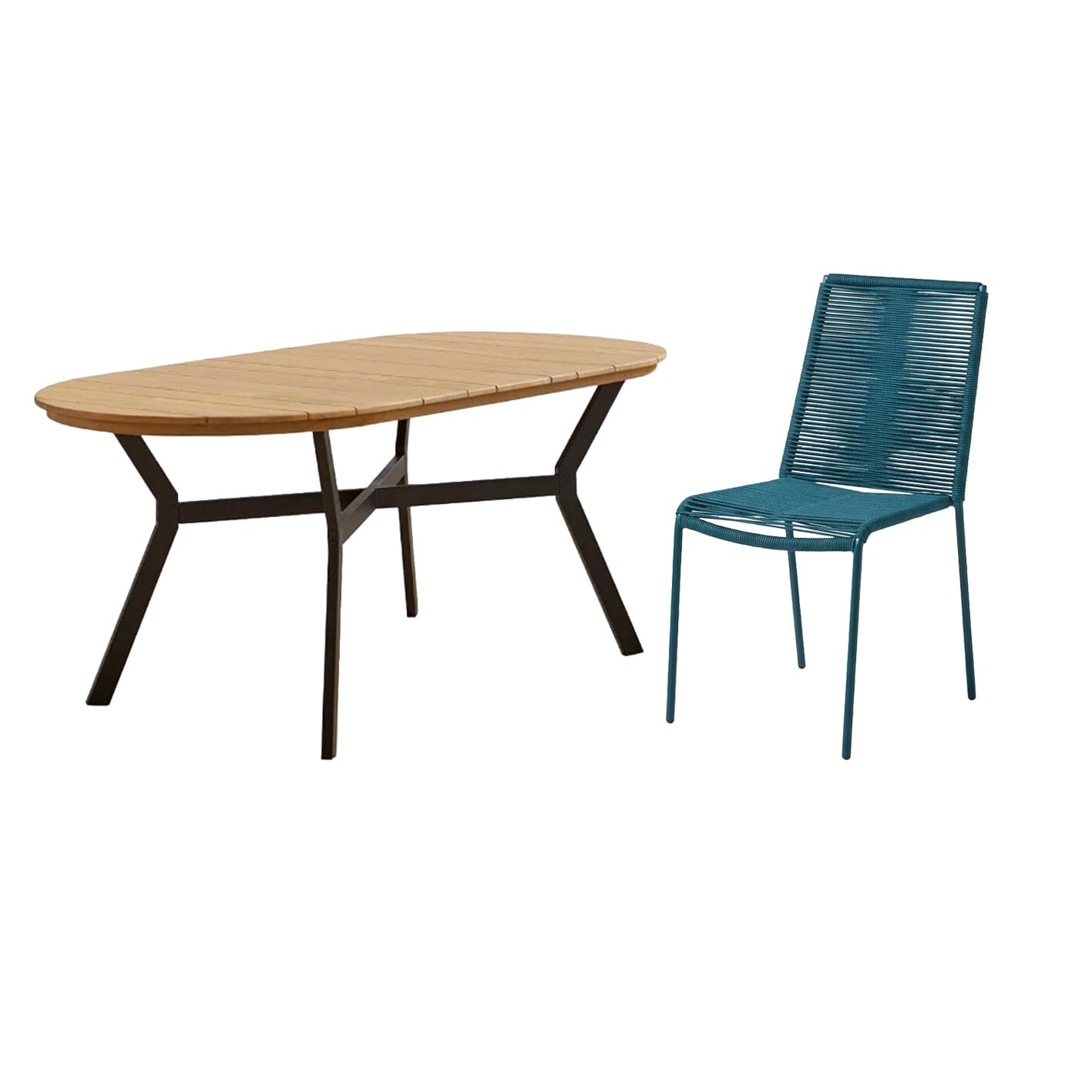 Ezra 6 Seater Oval Wooden Garden Dining Set with Ryder Teal Chairs - Laura James