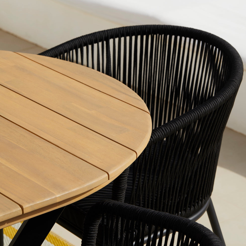 Ezra 6 Seater Oval Wooden Garden Dining Set with 6 Hali Black Rope Cha ...