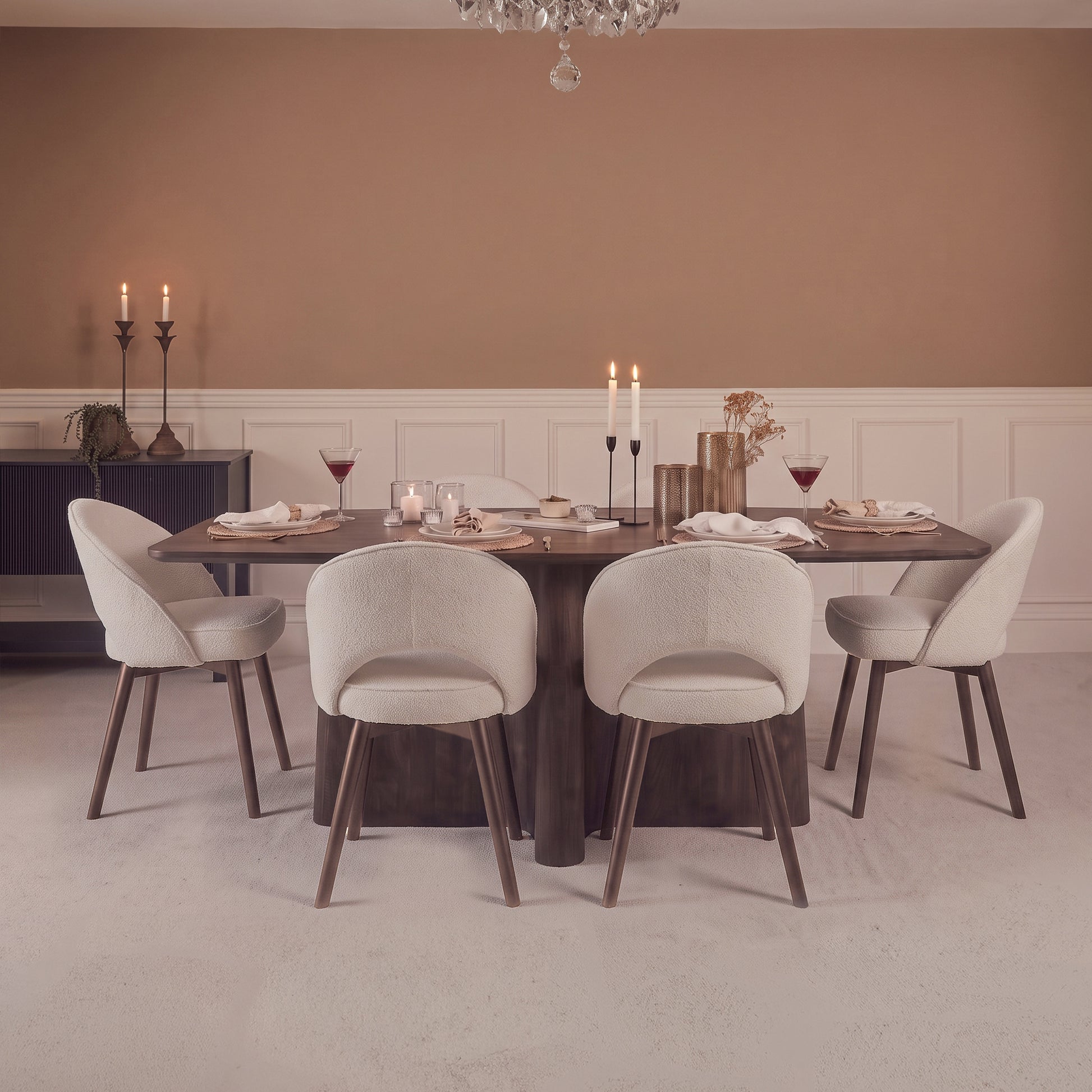 Bastian 220cm Coffee Brown Mango Wood Dining Table Set - 6 Seater - Marilyn Light Beige Boucle Dining Chairs -  Coffee Brown Mango Wood Legs - Laura James