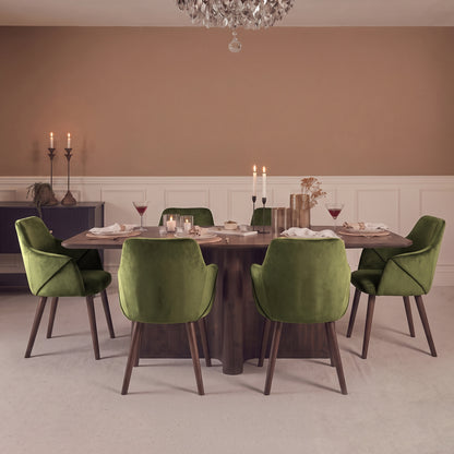 Bastian 220cm Coffee Brown Mango Wood Dining Table Set - 6 Seater - Freya Fern Green Dining Armchairs - Coffee Brown Mango Wood Legs