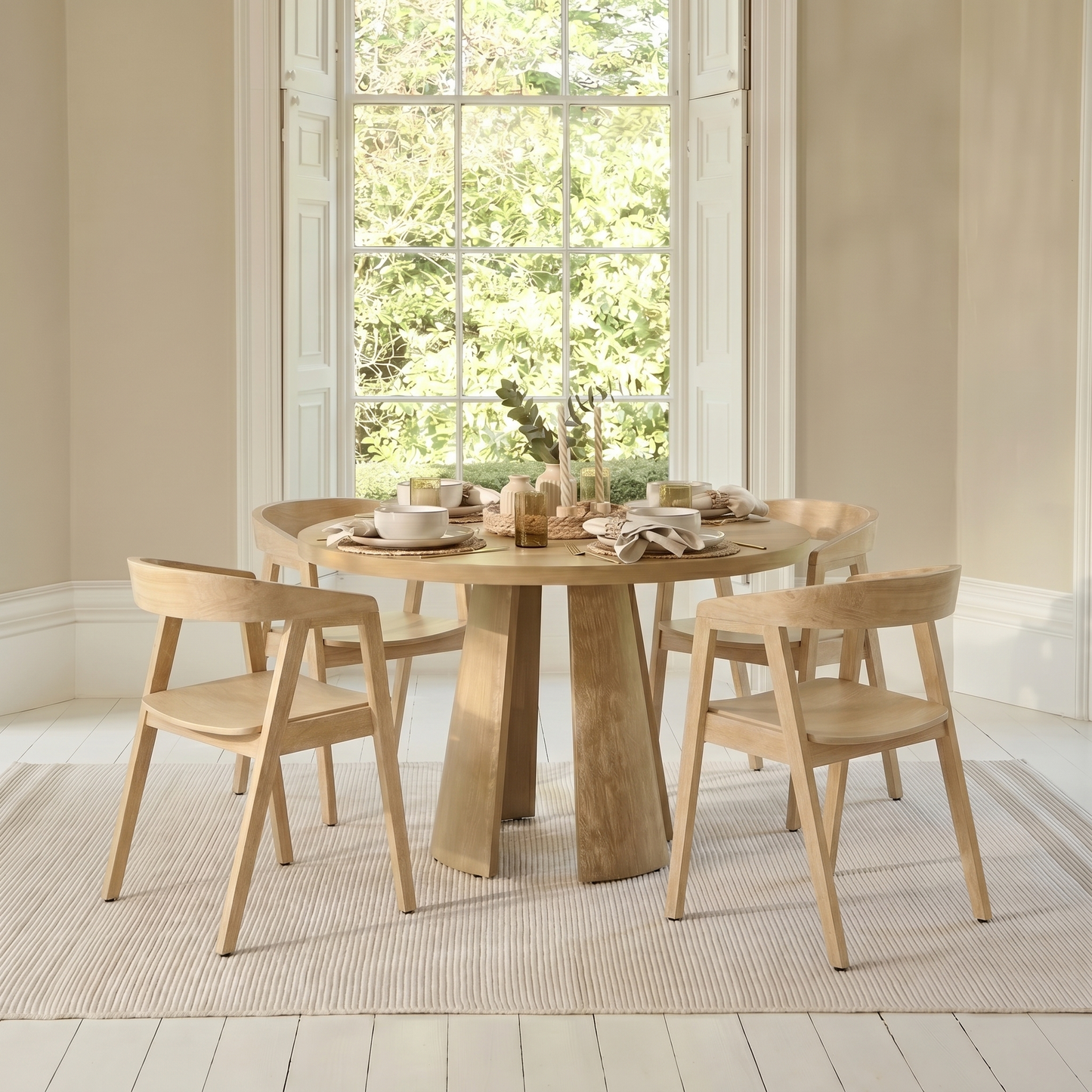 Farren Whitewash Oak Round Dining Table Set - 4 Seater - Ella Whitewash Oak Armchairs - Laura James