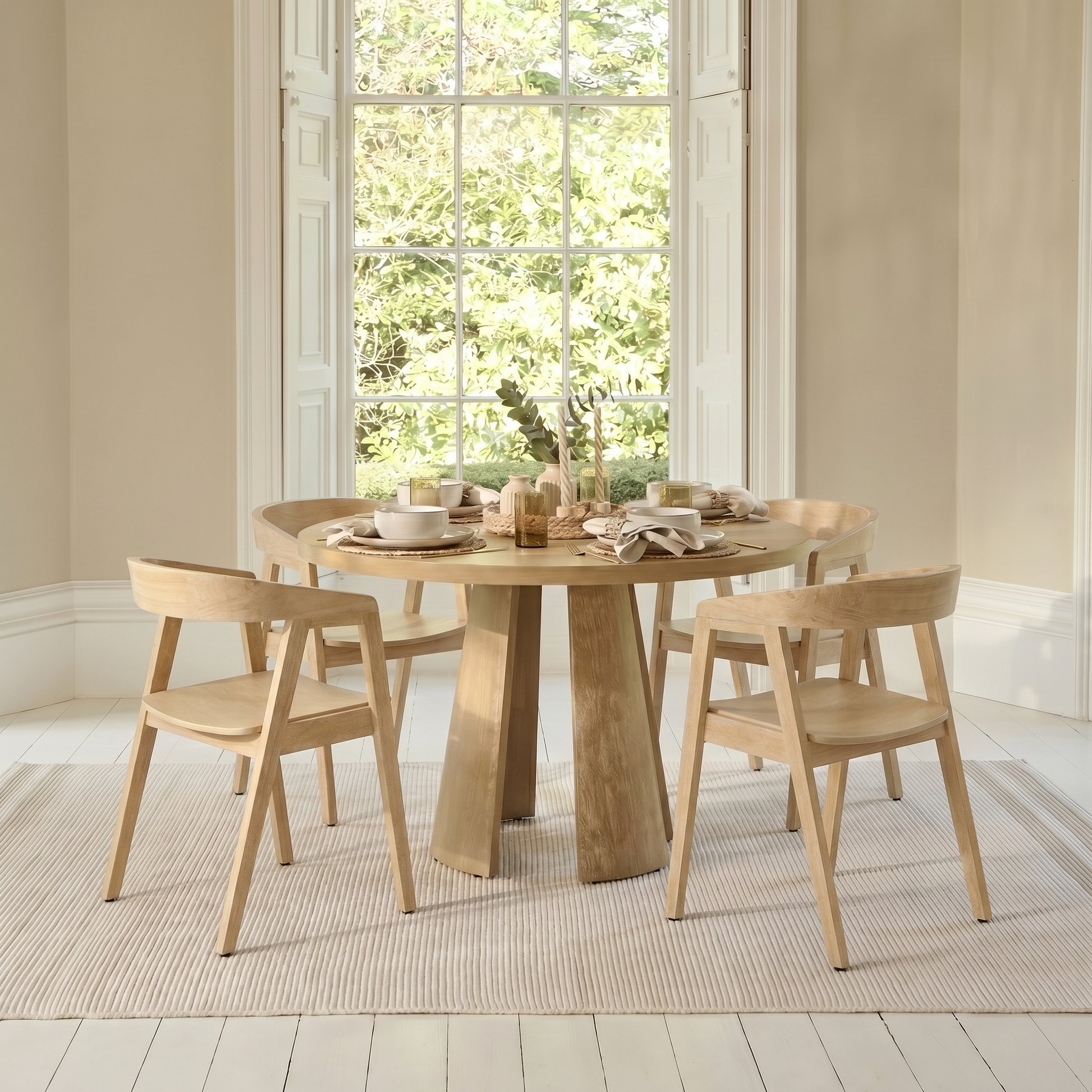 Farren Whitewash Oak Round Dining Table Set - 4 Seater - Ella Whitewash Oak Armchairs - Laura James