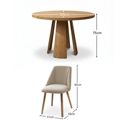 Farren Whitewash Oak Round Dining Table Set - 4 Seater - Freya Sand Dining Chairs - Whitewash Oak Legs - Laura James 