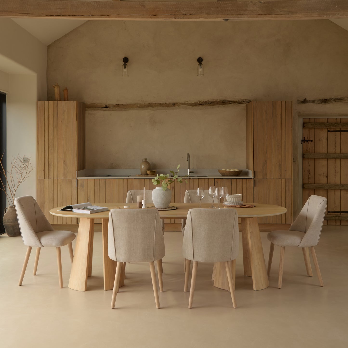 Farren Whitewash Oak Oval Dining Table Set - 6 Seater - Freya Sand Dining Chairs - Whitewash Oak Legs - Laura James 