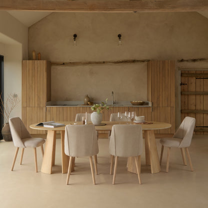 Farren Whitewash Oak Oval Dining Table Set - 6 Seater - Freya Sand Dining Chairs - Whitewash Oak Legs - Laura James 
