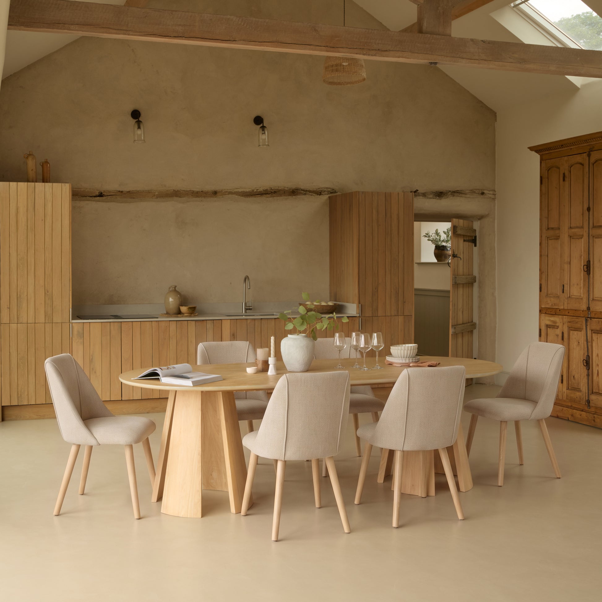 Farren Whitewash Oak Oval Dining Table Set - 6 Seater - Freya Sand Dining Chairs - Whitewash Oak Legs - Laura James 