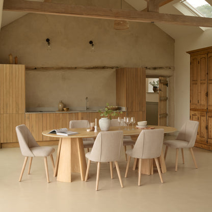 Farren Whitewash Oak Oval Dining Table Set - 6 Seater - Freya Sand Dining Chairs - Whitewash Oak Legs - Laura James 