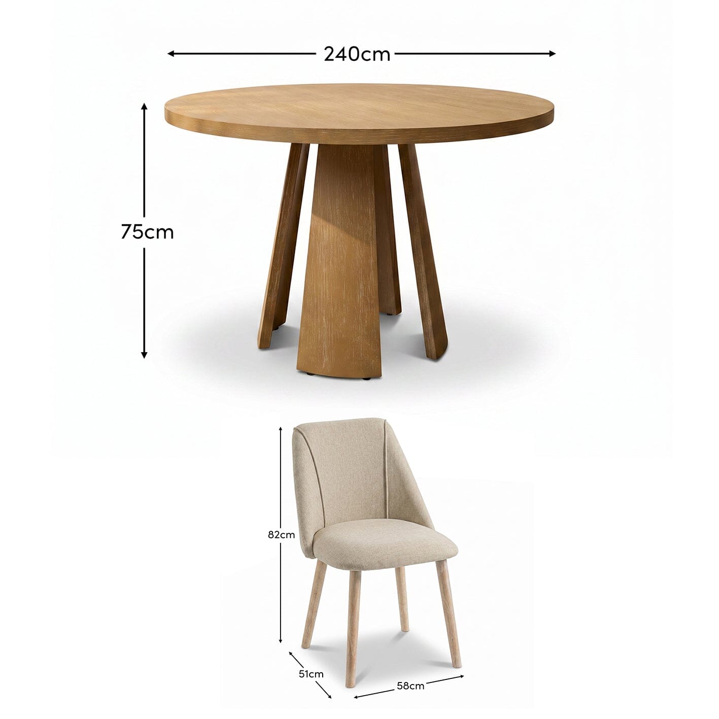 Farren Whitewash Oak Round Dining Table Set - 4 Seater - Freya Sand Dining Chairs - Whitewash Oak Legs - Laura James
