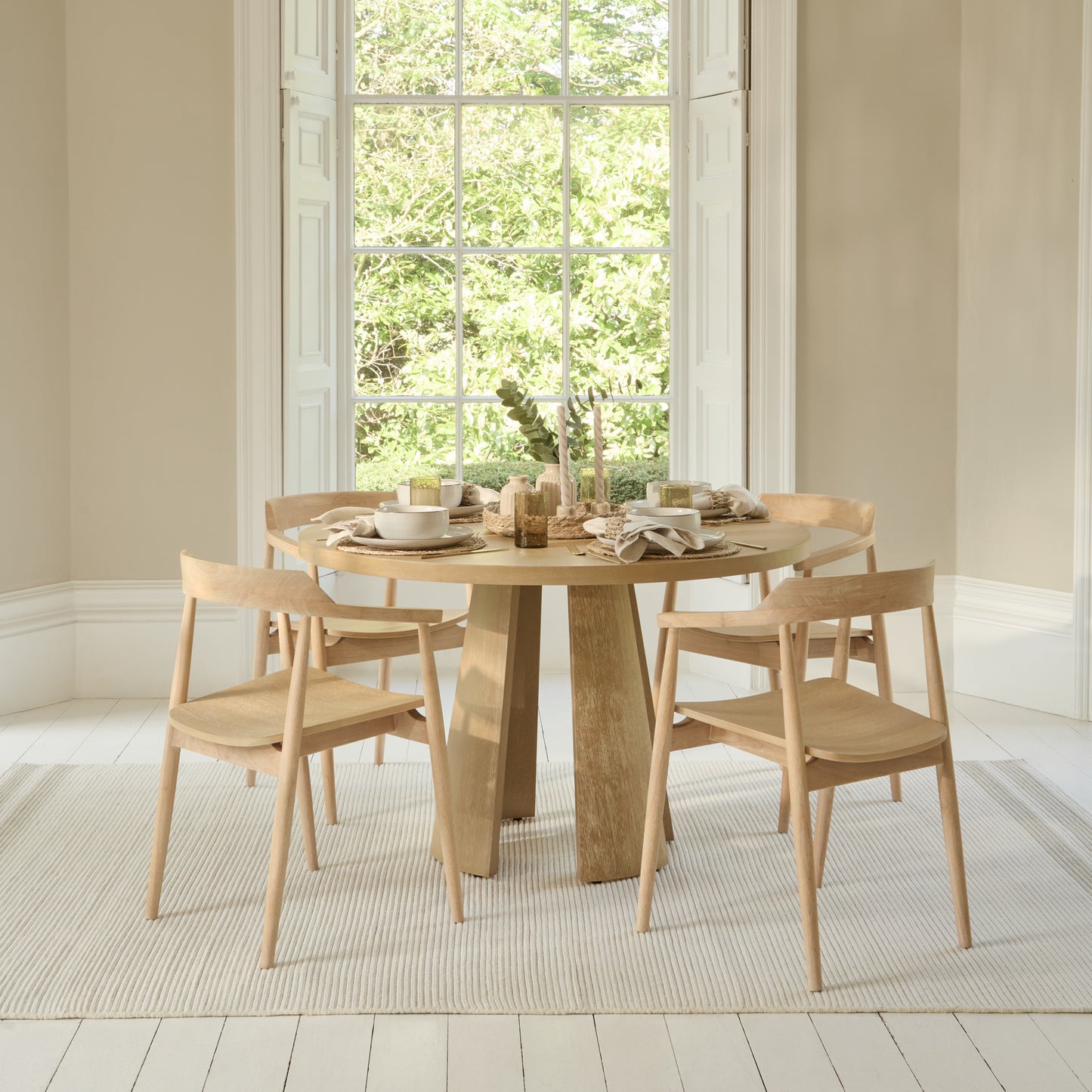 Farren 120cm Whitewash Oak Round Dining Table Set - 4 Seater - Carter Dining  Whitewash Armchair - Laura James