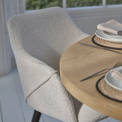 Farren 120cm Whitewash Oak Round Dining Table Set - 4 Seater - Freya Oat Boucle Armchairs with Black Legs - Laura James