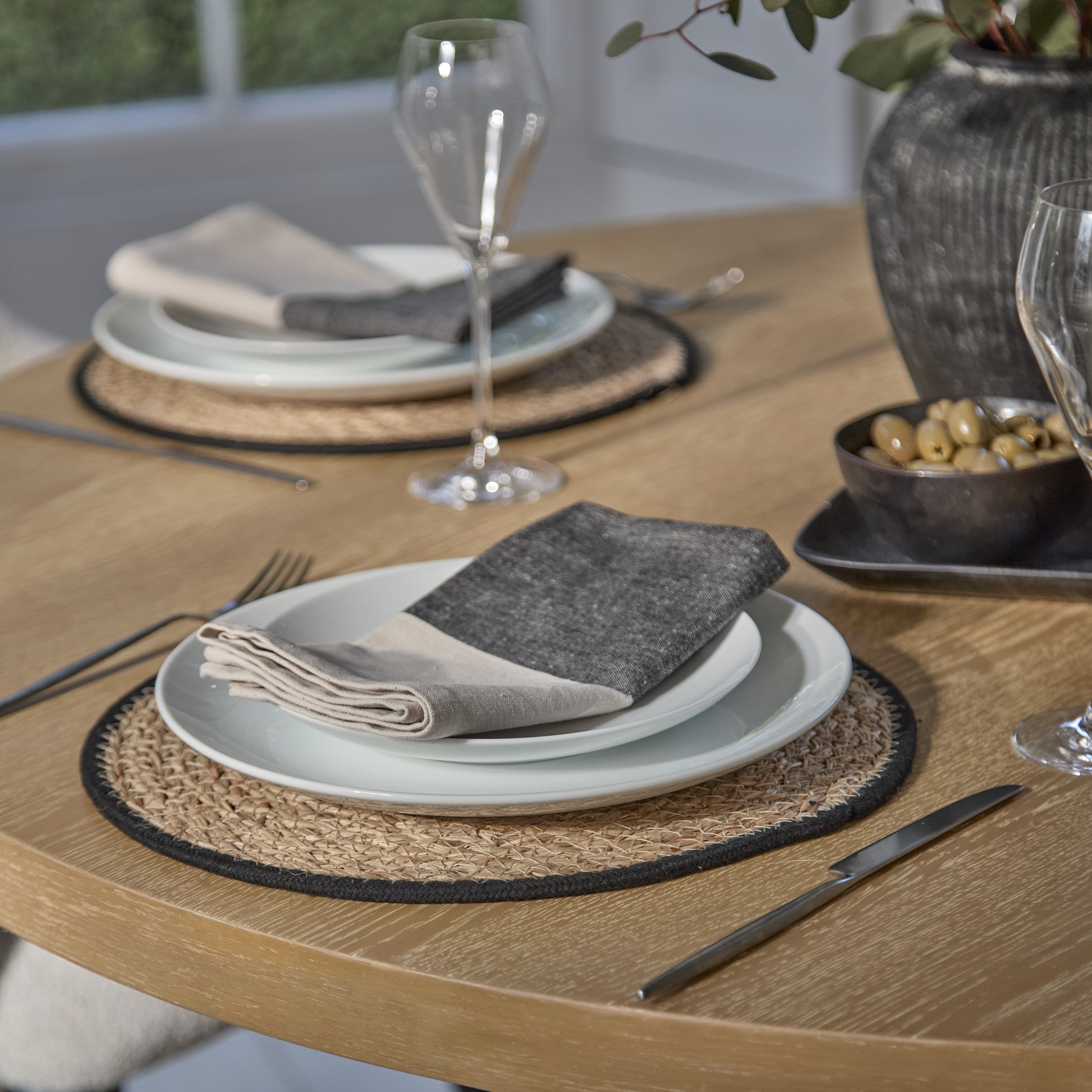 Farren 120cm Whitewash Oak Round Dining Table Set - 4 Seater - Freya Oat Boucle Armchairs with Black Legs - Laura James