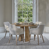 Farren 120cm Whitewash Oak Round Dining Table Set - 4 Seater - Freya Oat Boucle Armchairs with Whitewash Legs - Laura James