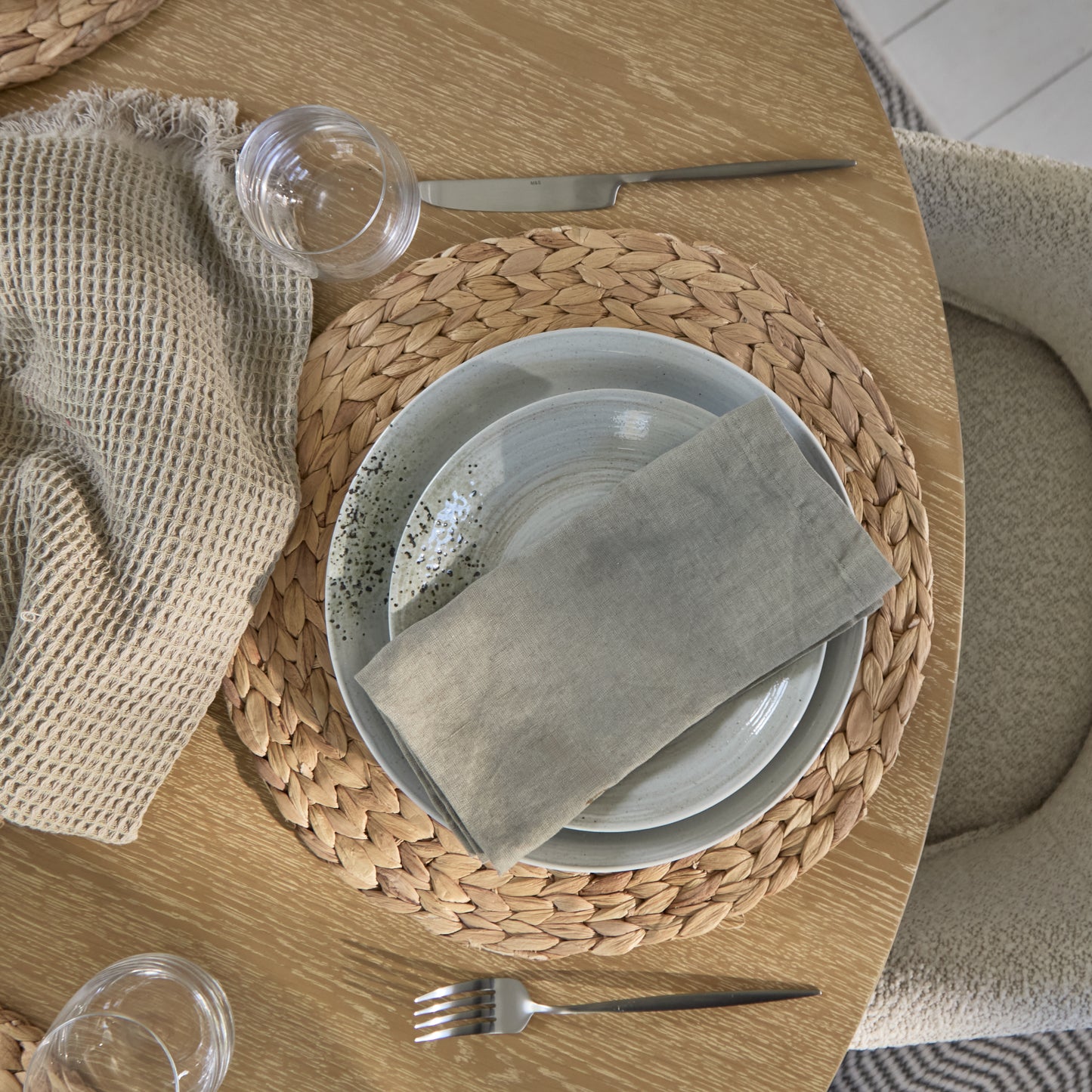 Farren 120cm Whitewash Oak Round Dining Table Set - 4 Seater - Freya Oat Boucle Armchairs with Whitewash Legs - Laura James