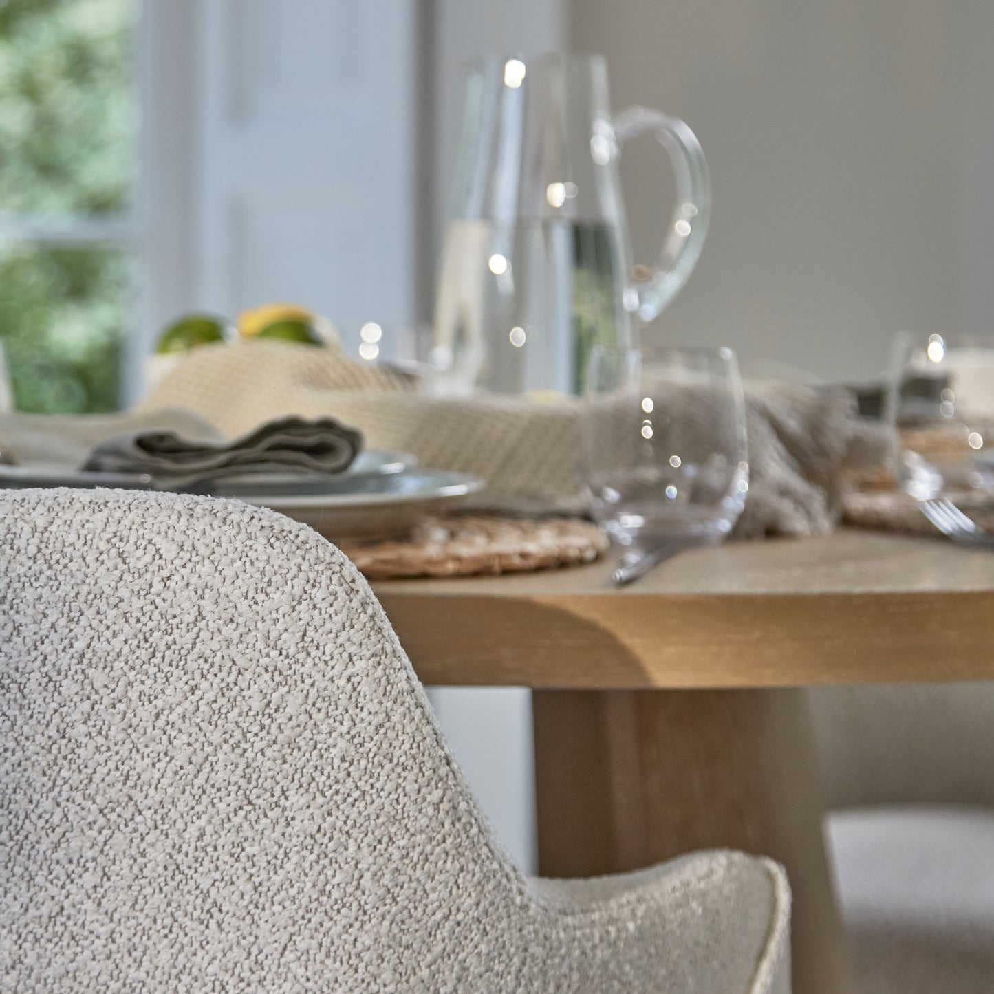 Farren 120cm Whitewash Oak Round Dining Table Set - 4 Seater - Freya Oat Boucle Armchairs with Whitewash Legs - Laura James