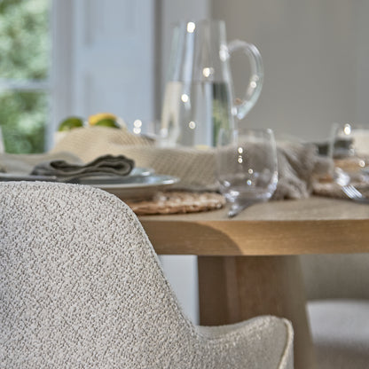 Farren 120cm Whitewash Oak Round Dining Table Set - 4 Seater - Freya Oat Boucle Armchairs with Whitewash Legs - Laura James