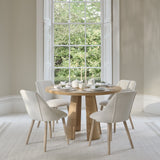 Farren Whitewash Oak Round Dining Table Set - 4 Seater - Freya Oat Boucle Dining Chairs - Whitewash Oak Legs