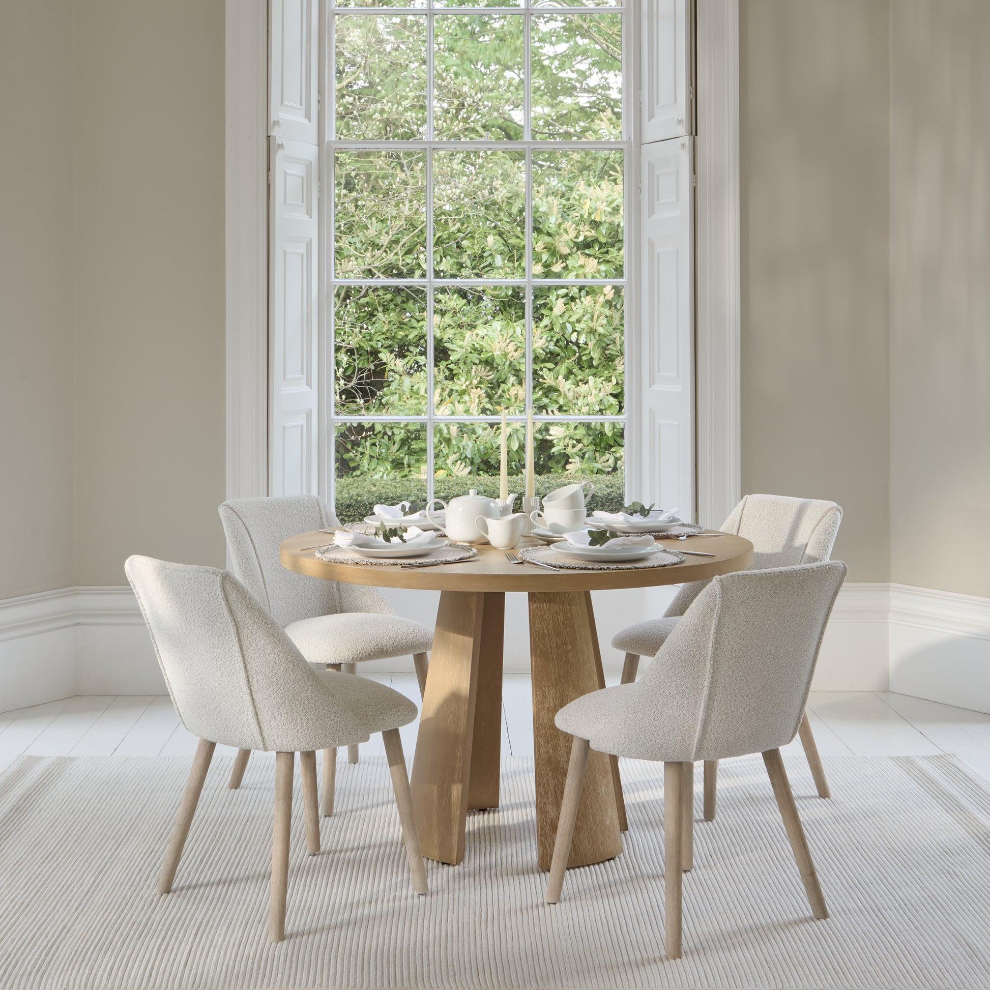 Farren 120cm Whitewash Oak Round Dining Table Set - 4 Seater - Freya Oat Boucle Dining Chairs with Whitewash Legs - Laura James