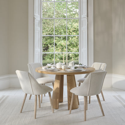 Farren 120cm Whitewash Oak Round Dining Table Set - 4 Seater - Freya Oat Boucle Dining Chairs with Whitewash Legs - Laura James