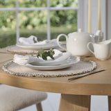 Farren Whitewash Oak Round Dining Table Set - 4 Seater - Freya Oat Boucle Dining Chairs - Whitewash Oak Legs