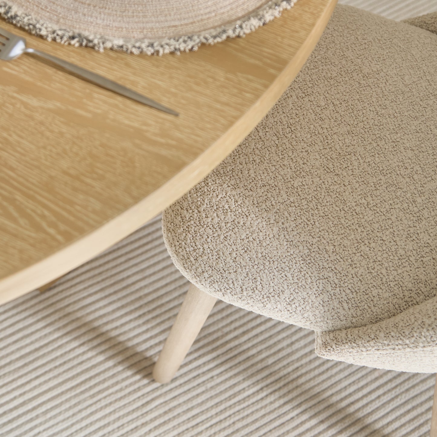 Farren 120cm Whitewash Oak Round Dining Table Set - 4 Seater - Freya Oat Boucle Dining Chairs with Whitewash Legs - Laura James
