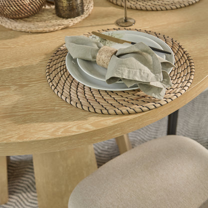 Farren 120cm Whitewash Oak Round Dining Table Set - 4 Seater - Freya Sand Dining Chairs with Black Legs - Laura James