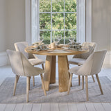 Farren Whitewash Oak Round Dining Table Set - 4 Seater - Freya Sand Dining Chairs - Whitewash Oak Legs