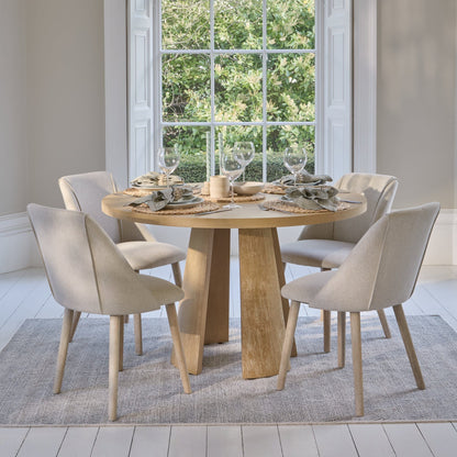 Farren Whitewash Oak Round Dining Table Set - 4 Seater - Freya Sand Dining Chairs - Whitewash Oak Legs