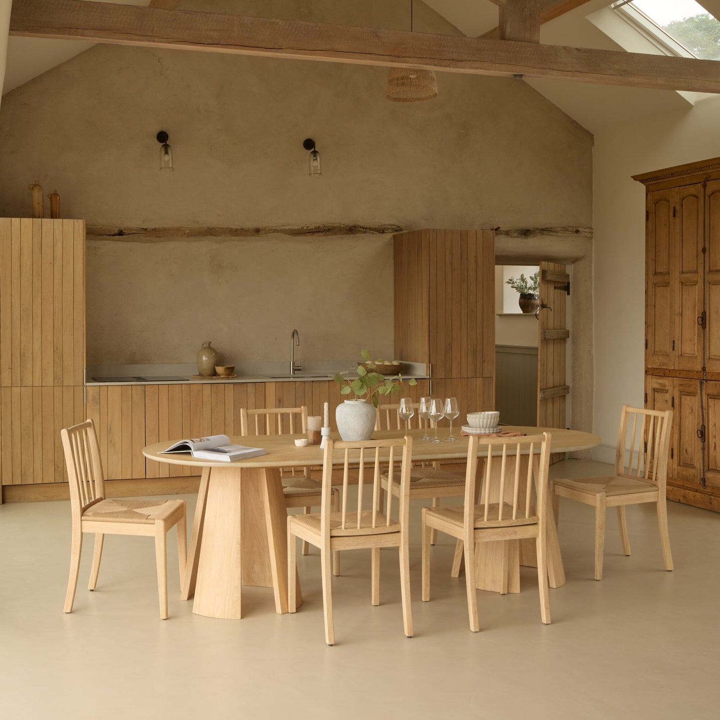 Farren Whitewash Oval Dining Table Set - 6 Seater - Tilly Natural String Dining Chairs - Whitewash Oak Legs - Laura James