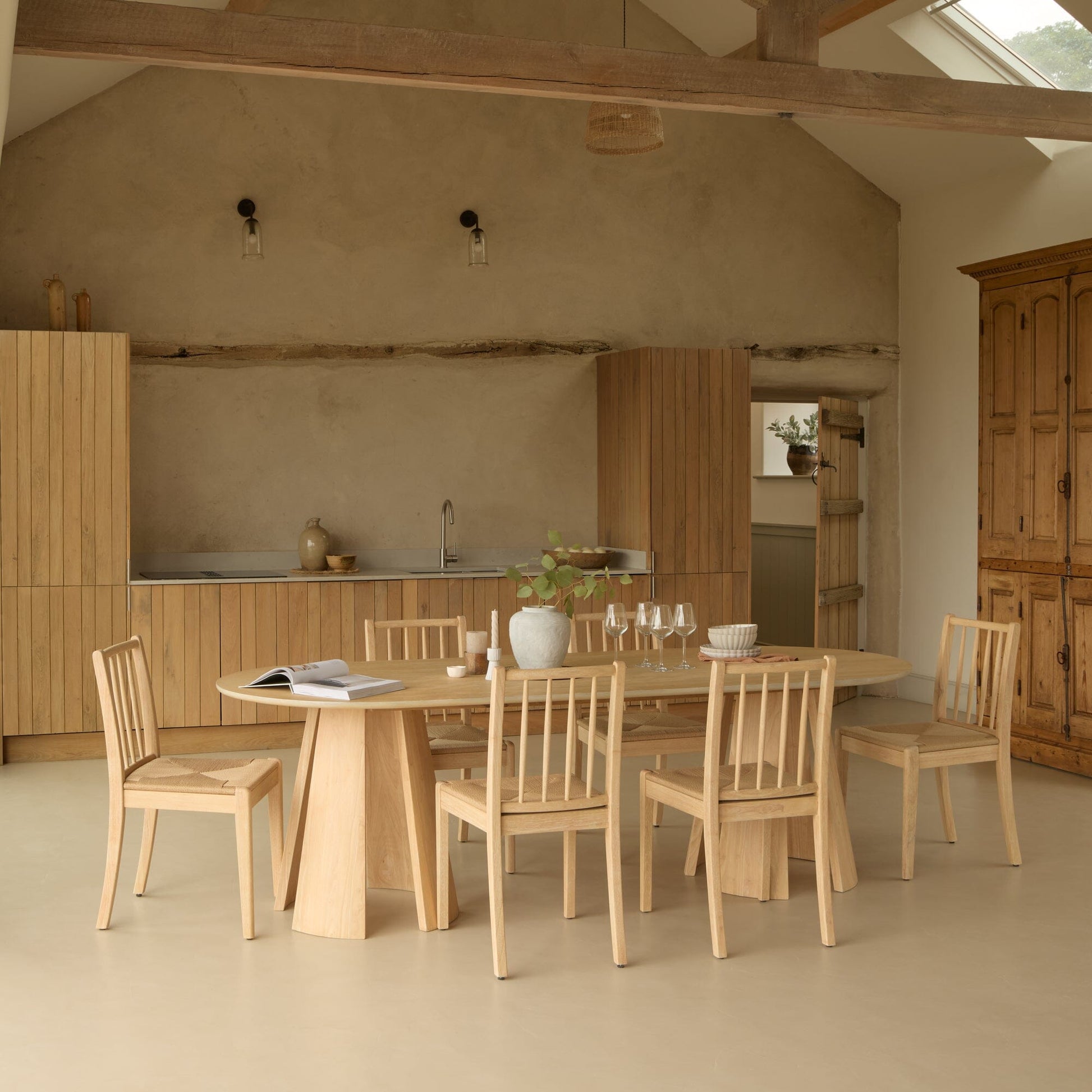 Farren Whitewash Oval Dining Table Set - 6 Seater - Tilly Natural String Dining Chairs - Whitewash Oak Legs - Laura James