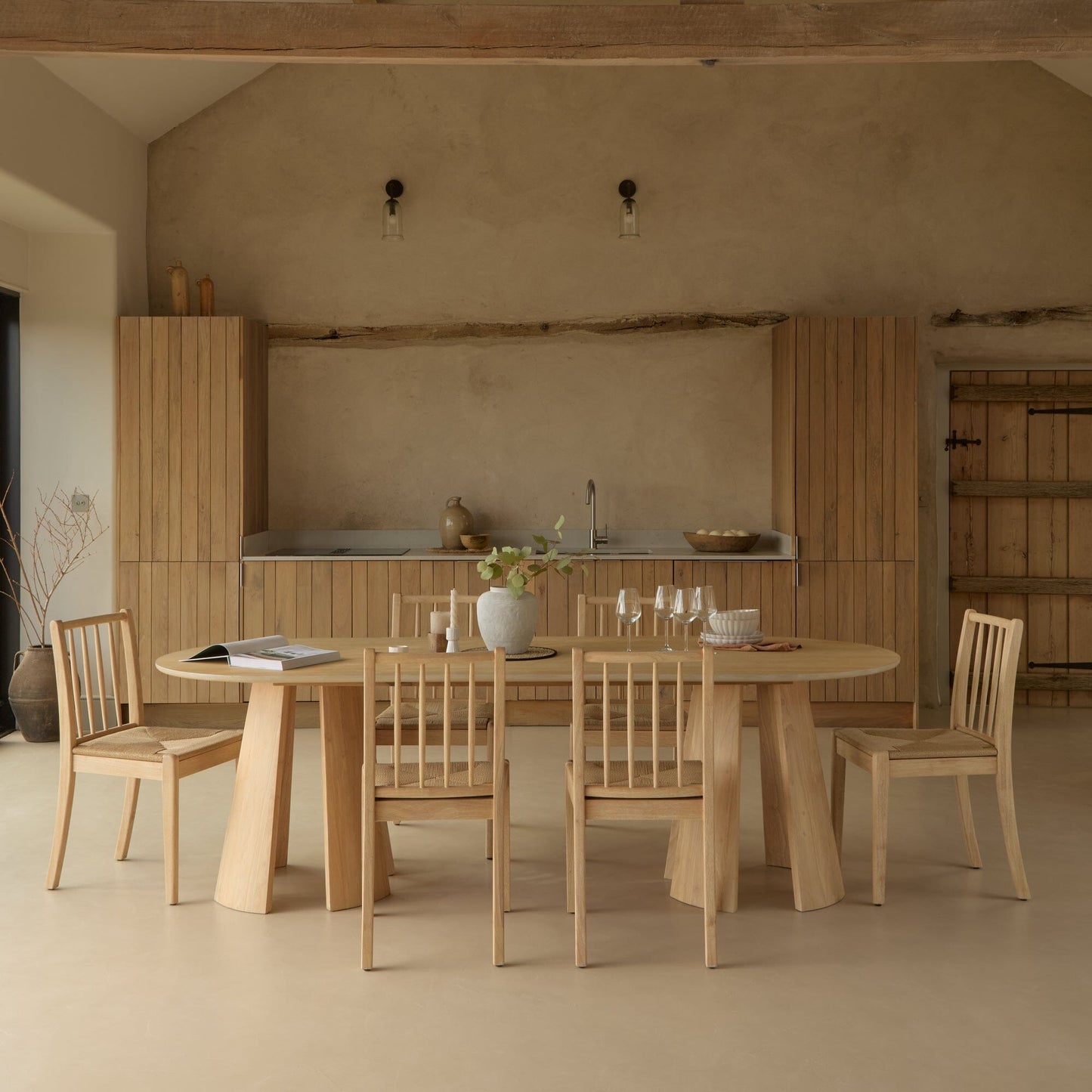 Farren Whitewash Oval Dining Table Set - 6 Seater - Tilly Natural String Dining Chairs - Whitewash Oak Legs - Laura James