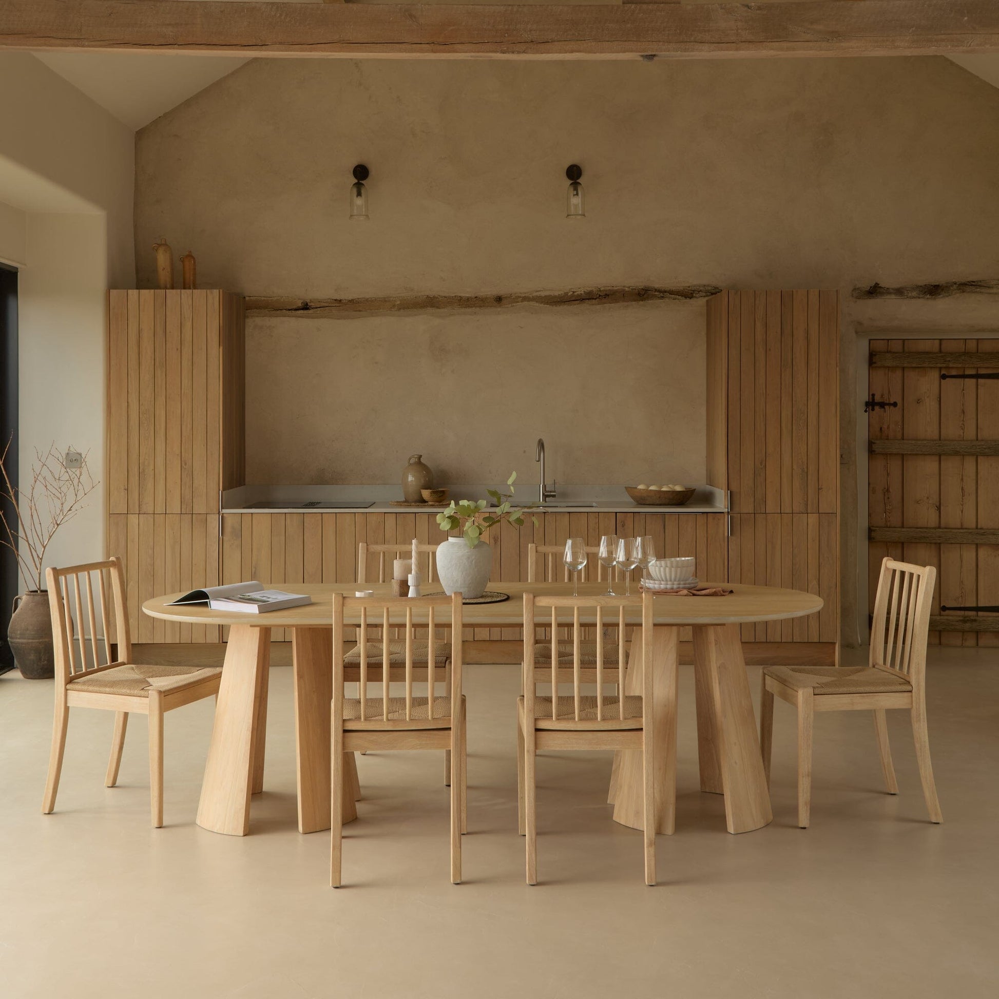 Farren Whitewash Oval Dining Table Set - 6 Seater - Tilly Natural String Dining Chairs - Whitewash Oak Legs - Laura James