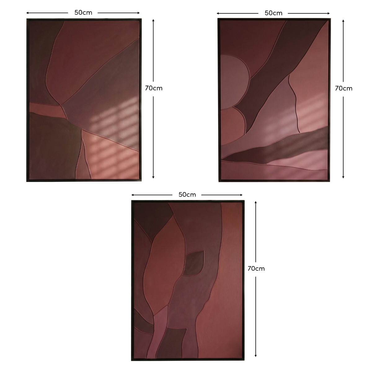 Fray 70x50cm Patchwork Wall Art - Set of 3 - Burgundy
