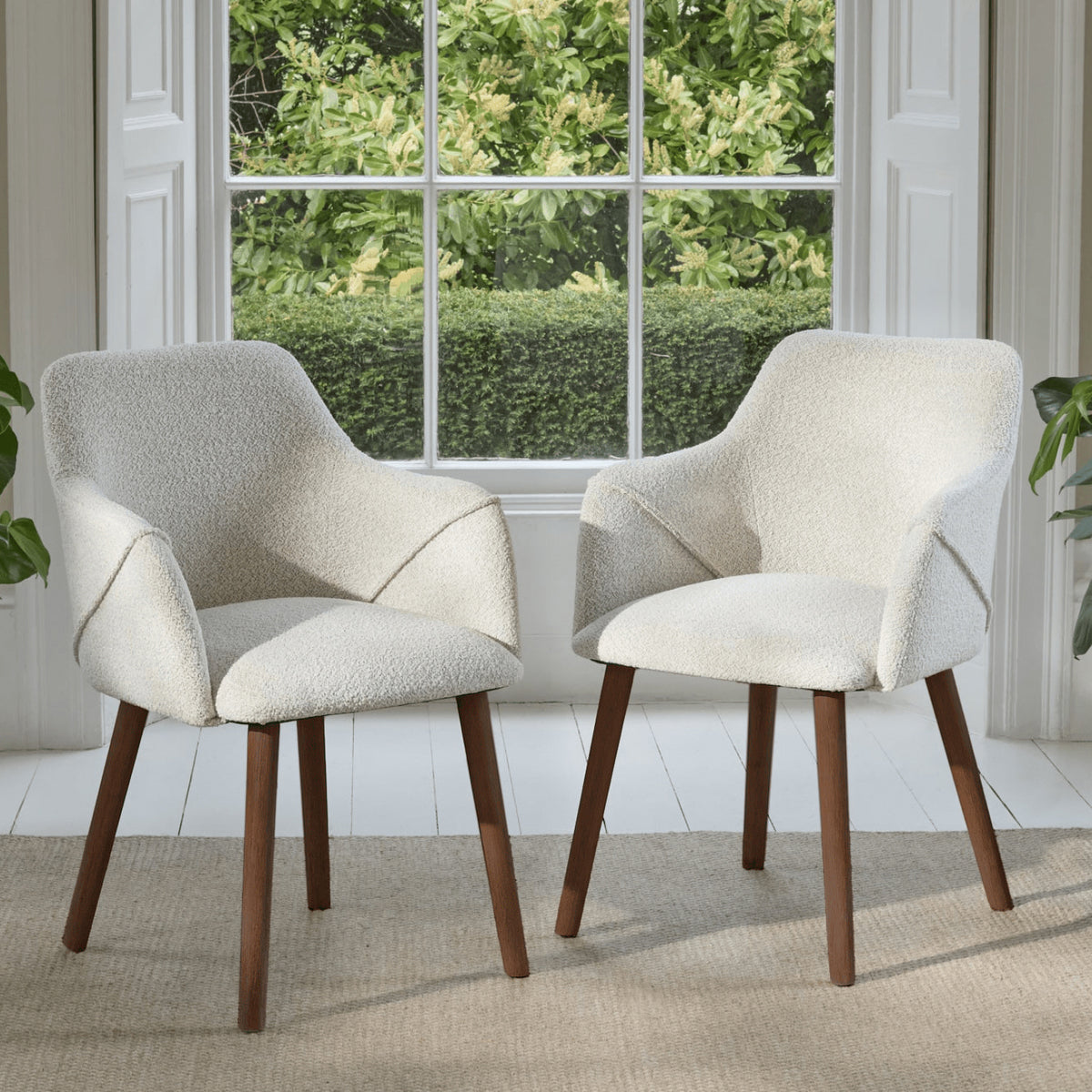 Freya Oat Boucle Armchair - Set of 2 - Coffee Brown Mango Wood Legs - Laura James 