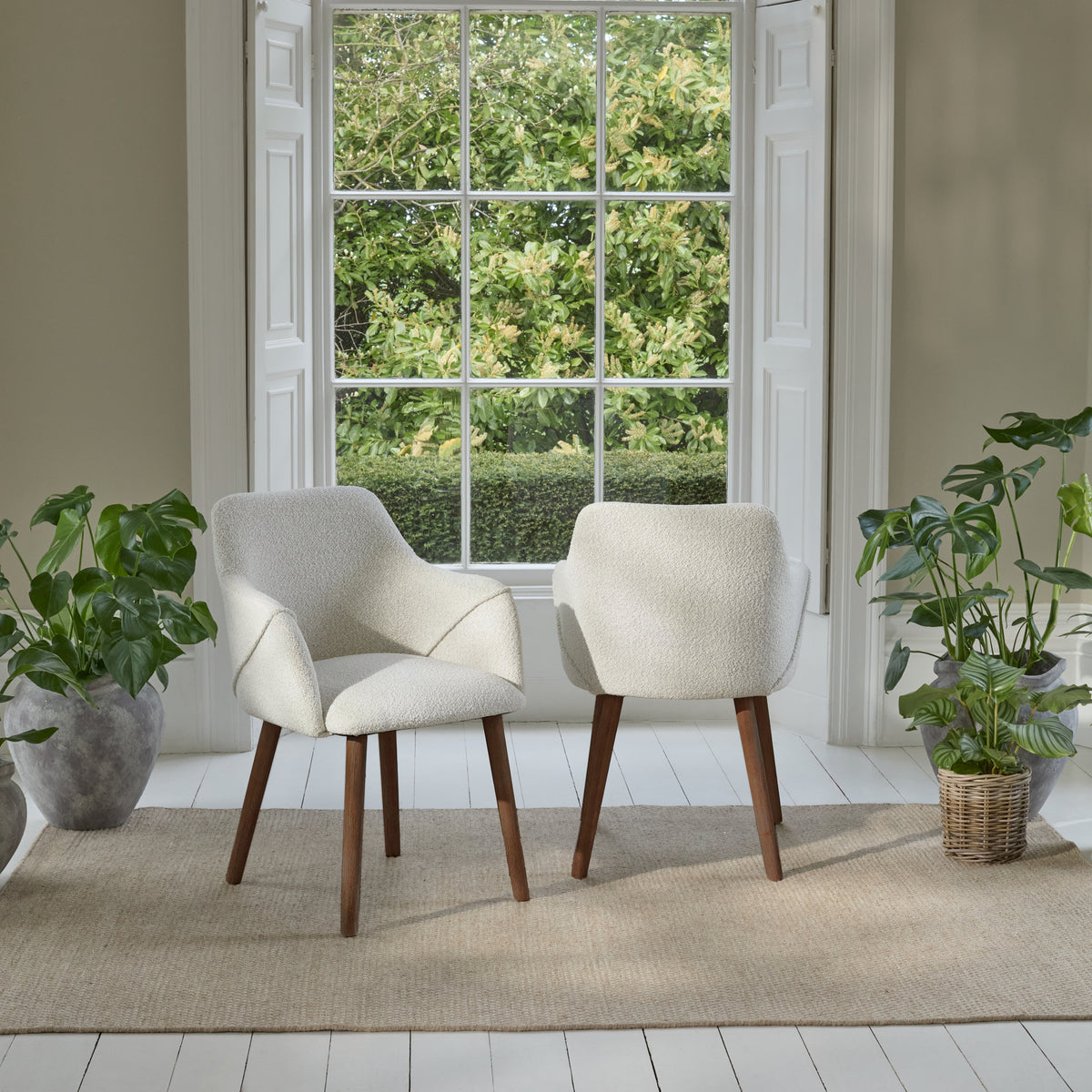 Freya Oat Boucle Armchair - Set of 2 - Coffee Brown Mango Wood Legs - Laura James 
