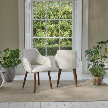 Freya Oat Boucle Armchair - Set of 2 - Coffee Brown Mango Wood Legs - Laura James 