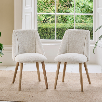 Imogen 120cm Chalked Mango Wood Round Dining Table Set - 4 Seater - Freya Oat Boucle Dining Chairs - Chalked Mango Wood Legs