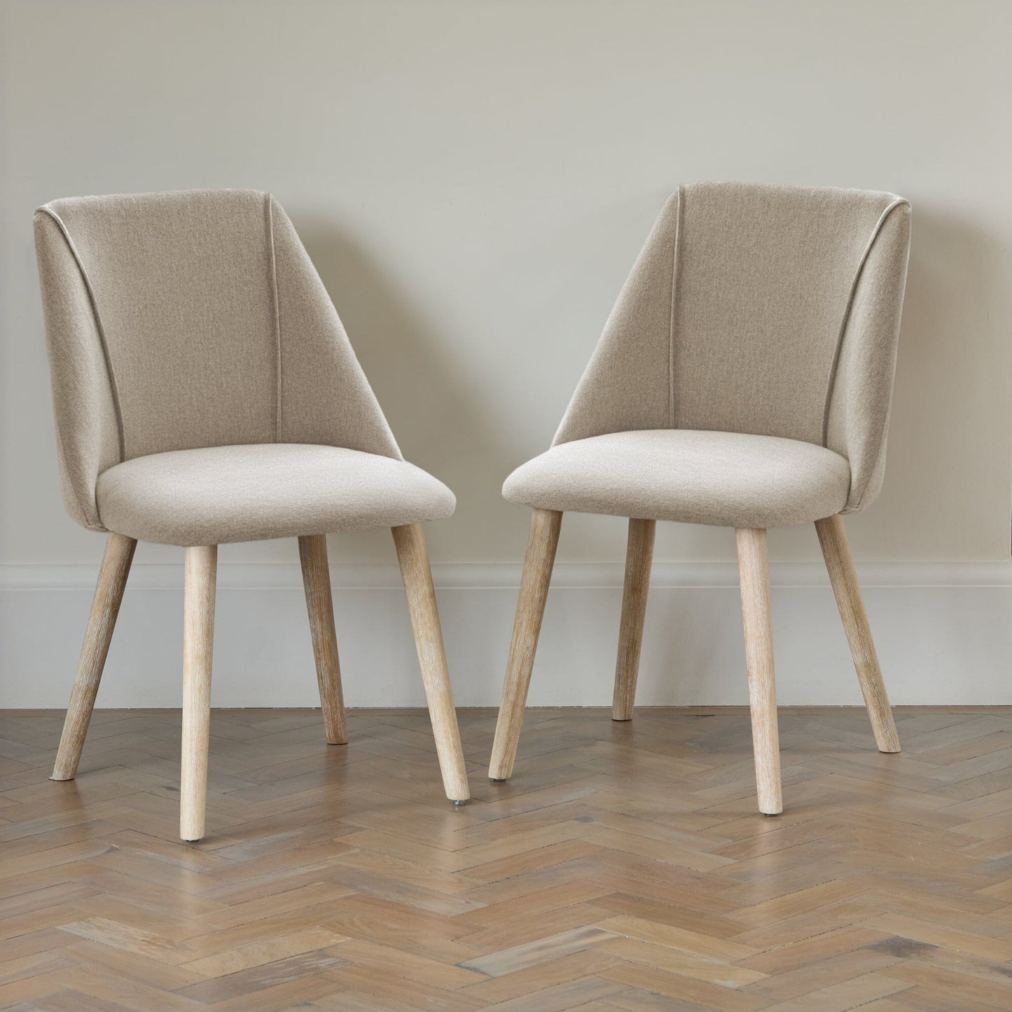 Marlon Whitewash Oak Round Dining Table Set - 6 Seater - Freya Sand Dining Chairs - Whitewash Oak Legs - Laura James