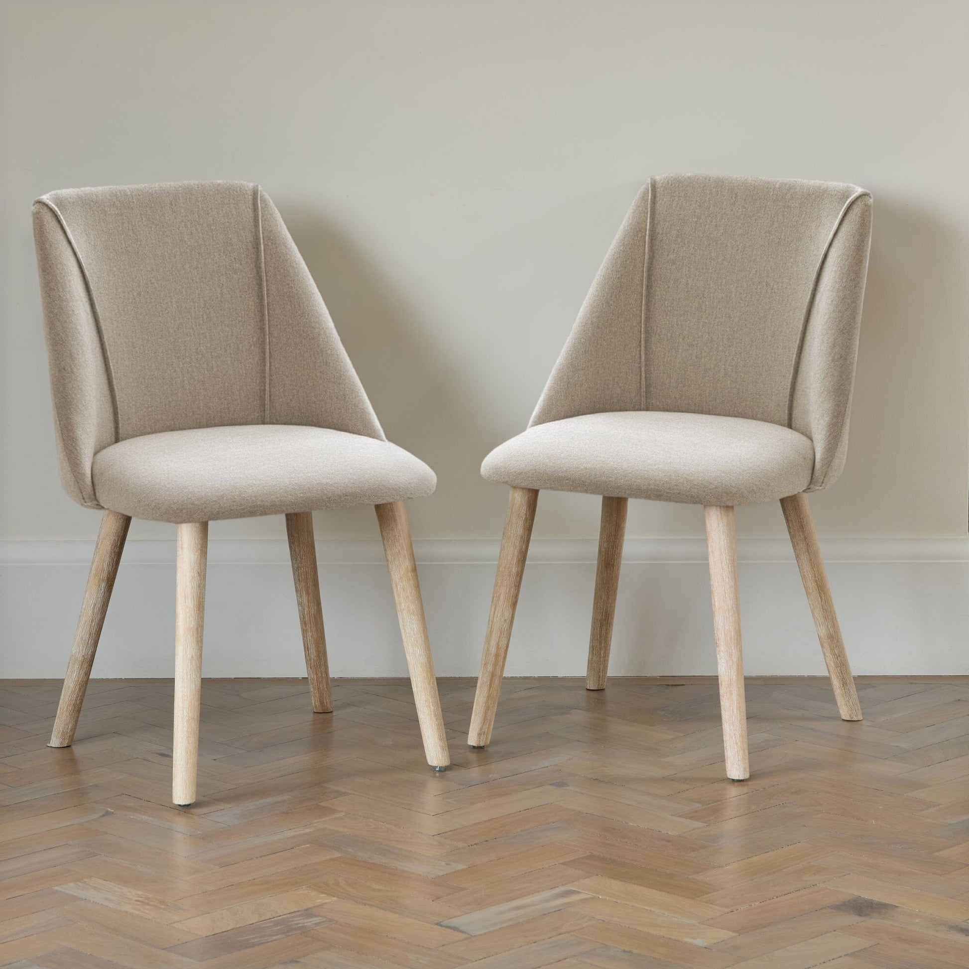 Marlon Whitewash Oak Round Dining Table Set - 6 Seater - Freya Sand Dining Chairs - Whitewash Oak Legs - Laura James