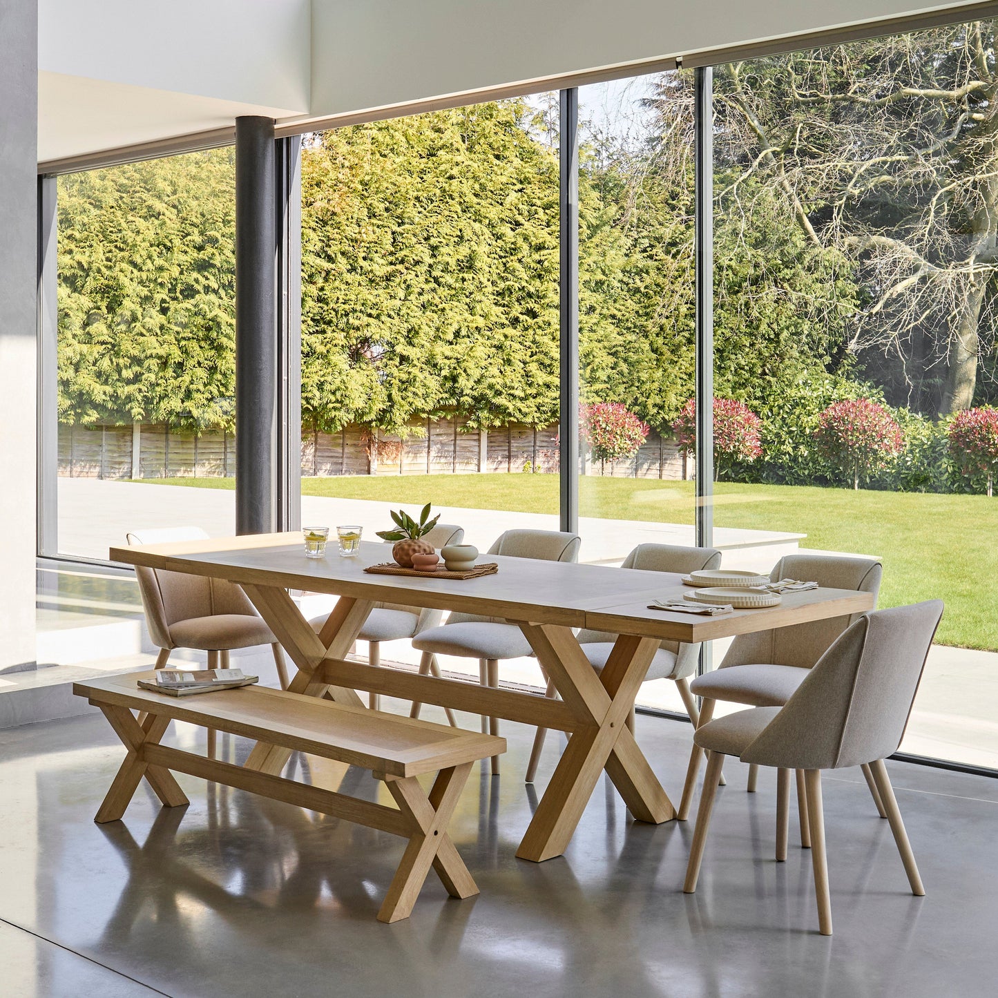 Charlotte 8 Seater Extending Rectangular Dining Table Set with  Freya Sand Dining chairs & Charlotte Bench - Laura James 