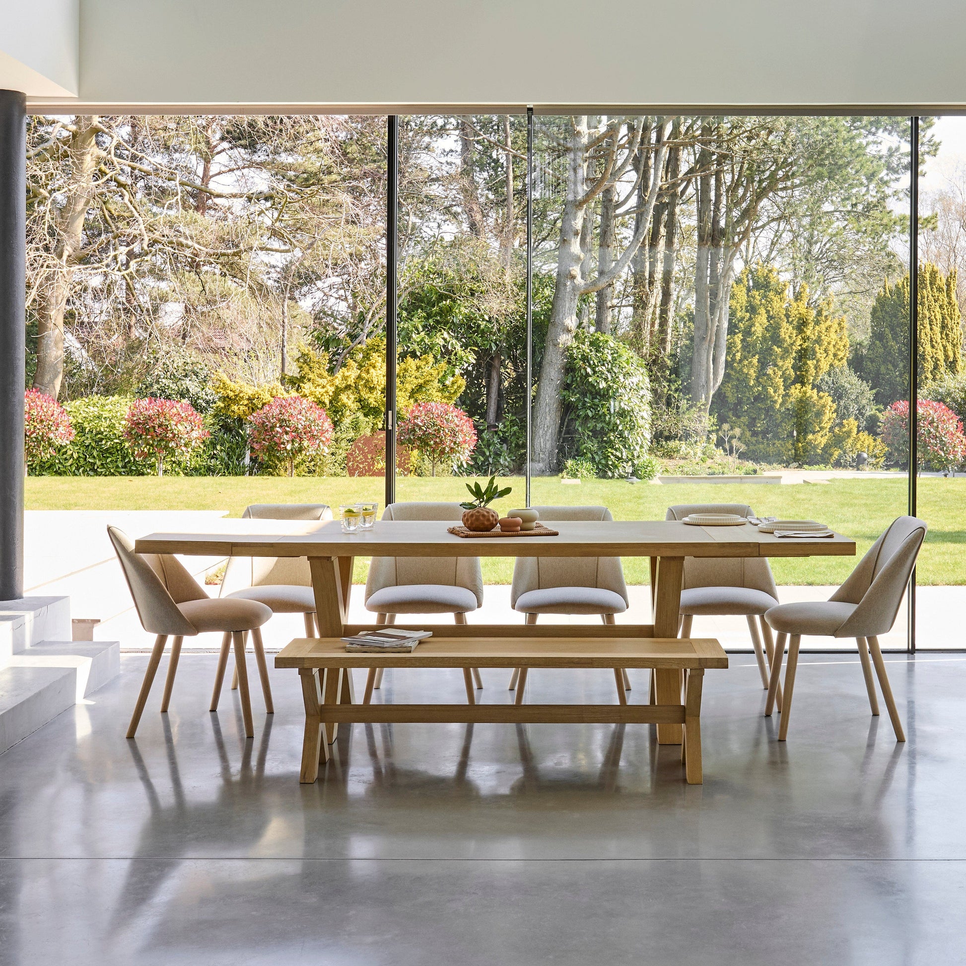 Charlotte 8 Seater Extending Rectangular Dining Table Set with  Freya Sand Dining chairs & Charlotte Bench - Laura James 