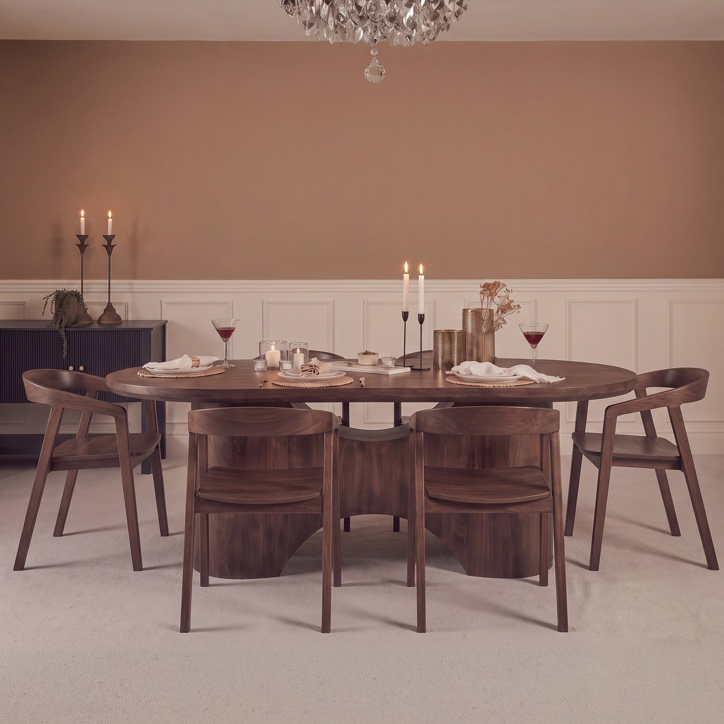 Octavia 220cm Coffee Brown Mango Wood Dining Table Set - 6 Seater - Ella Coffee Brown Armchairs - Laura James 