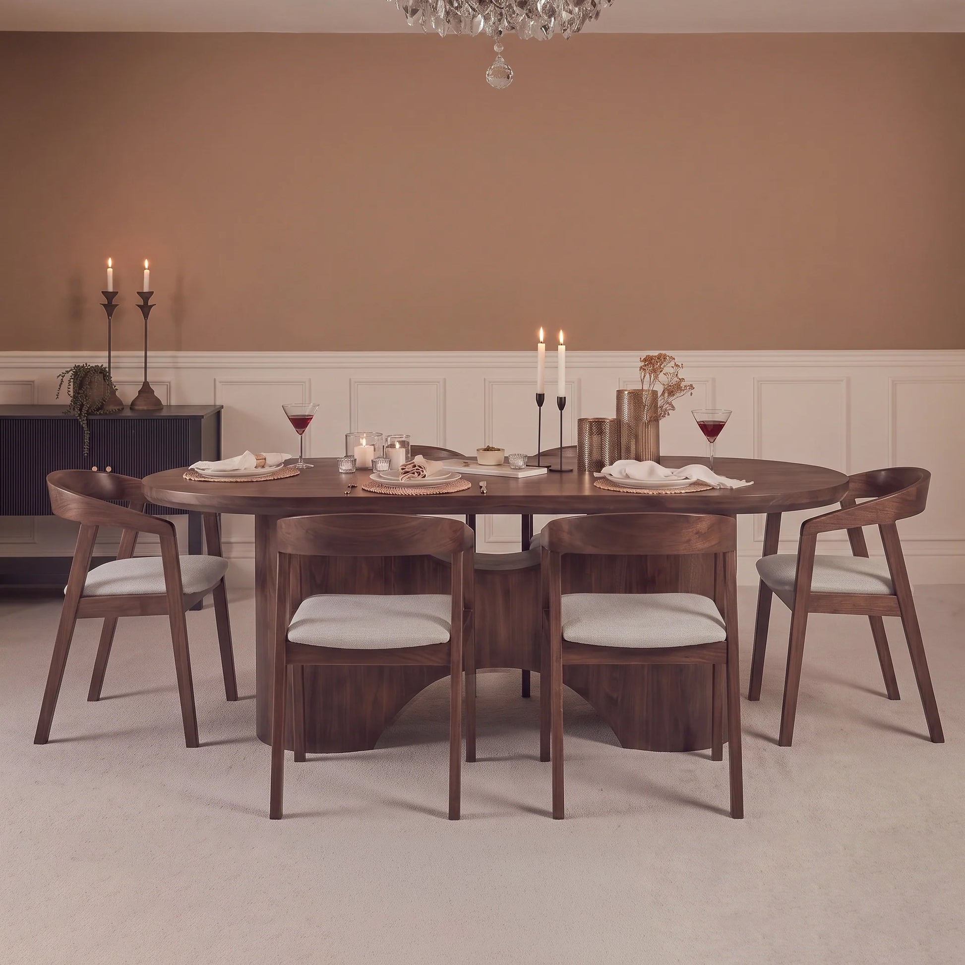 Octavia 220cm Coffee Brown Mango Wood Dining Table Set - 6 Seater - Ella Fawn Linen Dining Armchairs - Coffee Brown Legs - Laura James 