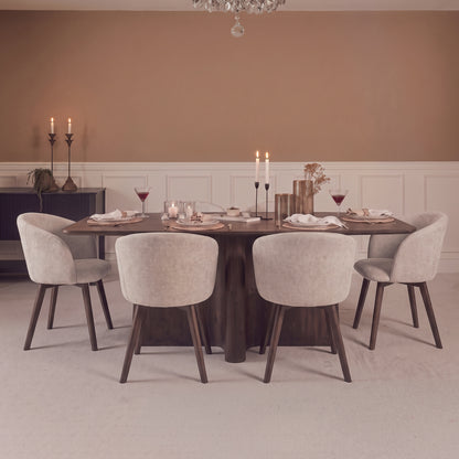 Bastian 220cm Coffee Brown Mango Wood Dining Table Set - 6 Seater -  Archer Soft Beige Dining Chairs - Coffee Brown Legs - Laura James 