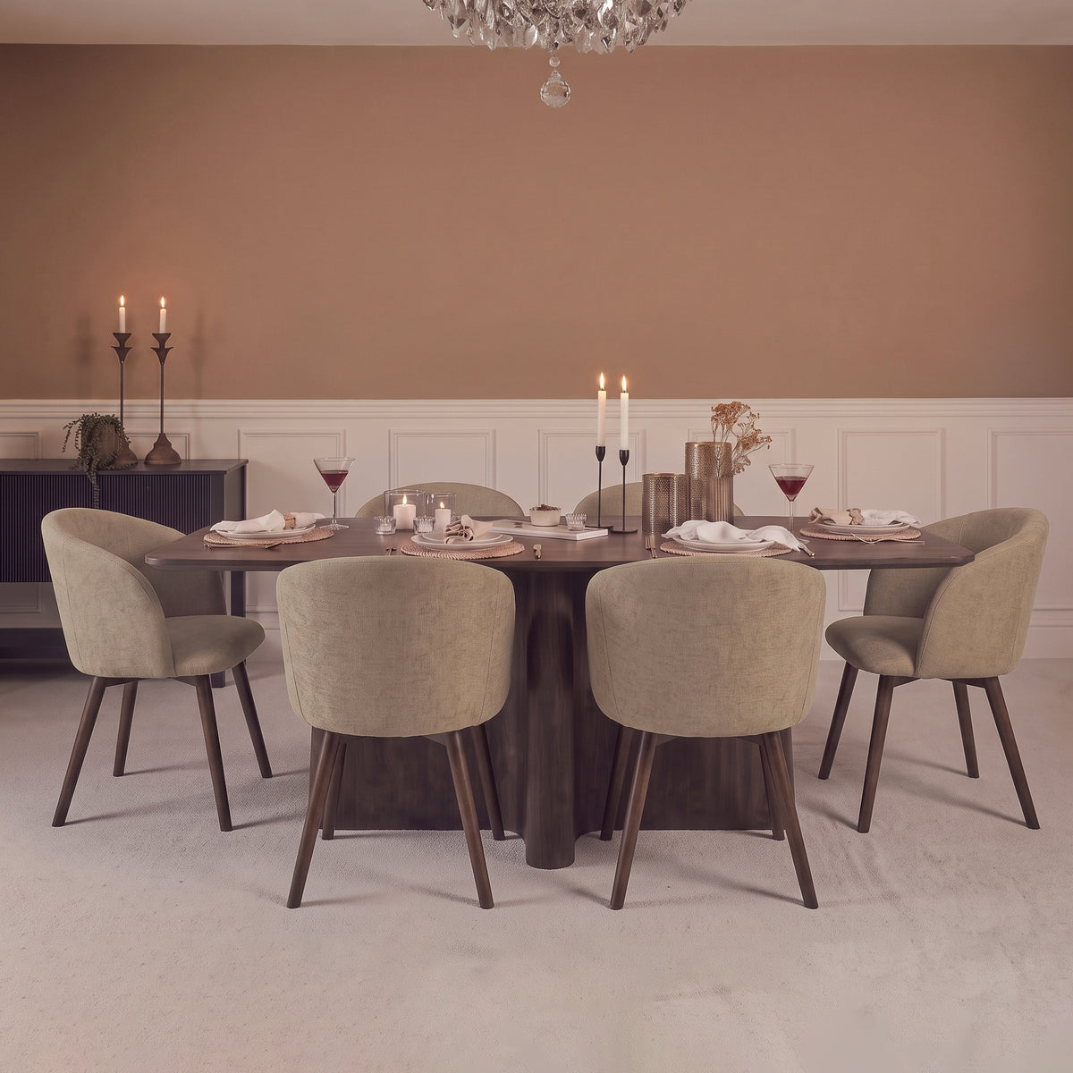 Bastian 220cm Coffee Brown Mango Wood Dining Table Set - 6 Seater -  Archer Natural Brown Dining Chairs - Coffee Brown Legs - Laura James 