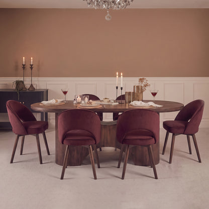 Octavia 220cm Coffee Brown Mango Wood Dining Table Set - 6 Seater - Marilyn Burgundy Red Dining Chairs - Coffee Brown Legs - Laura James 