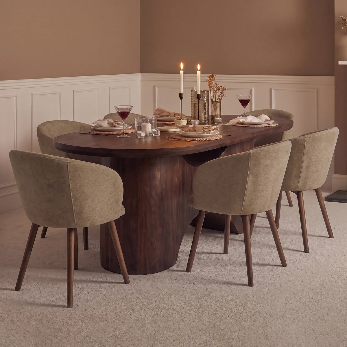 Octavia 220cm Coffee Brown Mango Wood Dining Table Set - 6 Seater - Archer Natural Brown Dining Chairs - Coffee Brown Legs - Laura James 