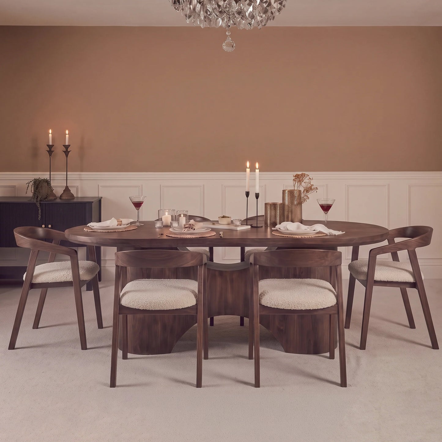 Octavia 220cm Coffee Brown Mango Wood Dining Table Set - 6 Seater - Ella Off White Boucle Carver Chairs - Coffee Brown Legs - Laura James 