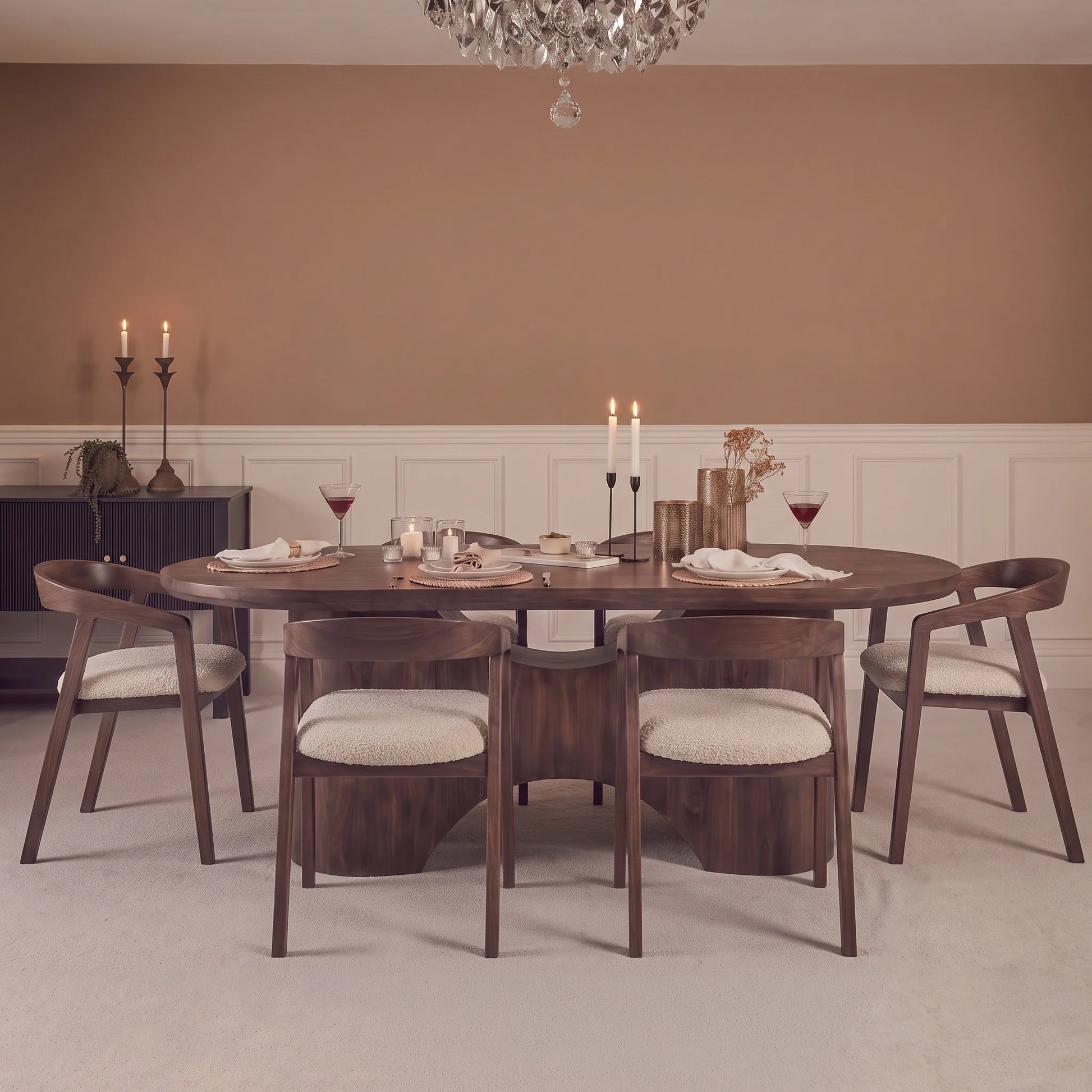 Octavia 220cm Coffee Brown Mango Wood Dining Table Set - 6 Seater - Ella Off White Boucle Carver Chairs - Coffee Brown Legs - Laura James 
