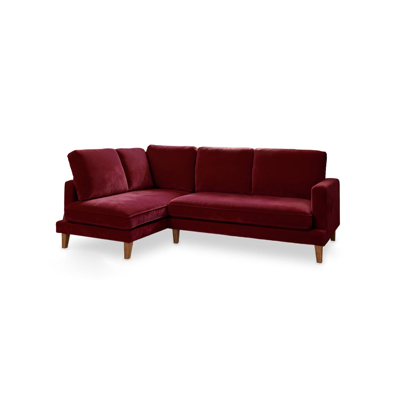 Gillian 3 Seater Large Corner Sofa - Burgundy Red Velvet with Dark Oak Legs - Laura James 